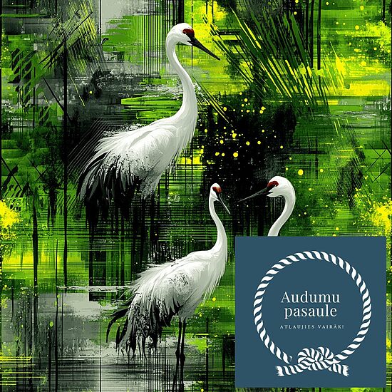 Dzērves uz zaļa meža fona,  Nr.107 Oxford auduma priekšpasūtīšana 