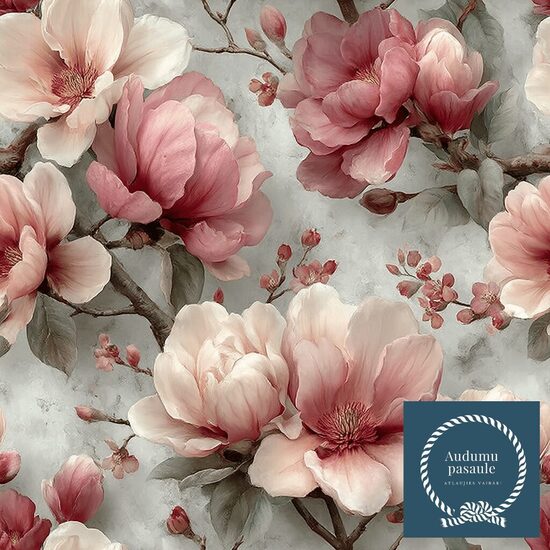 Maigās magnolijas uz pelēcīga fona,  Nr.36. Oxford auduma priekšpasūtīšana 