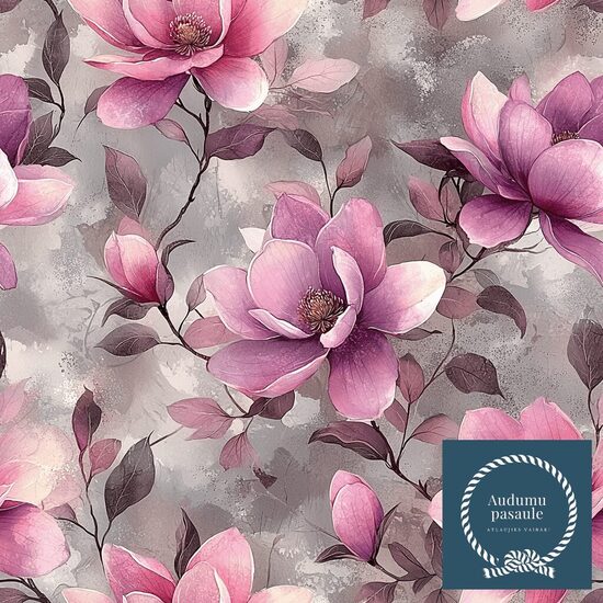 Fuksijas krāsas magnolijas uz pelēka fona,  Nr.37. Oxford auduma priekšpasūtīšana 