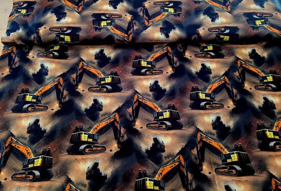 Ekskavators uz brūna fona, kokvilnas cilpiņtrikotāža 