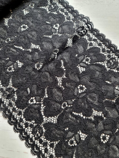 Black lace with motive of flowers and elastane Nr.12, flowers surface is flat