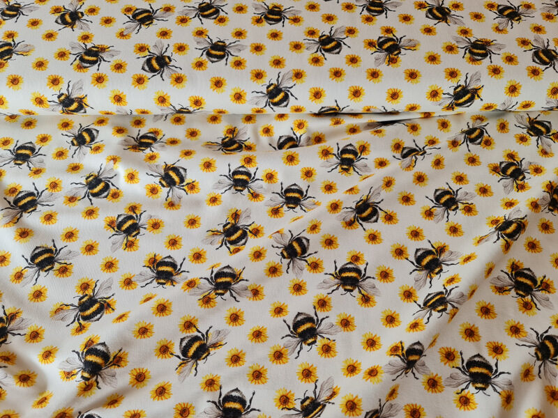 Bees in sunflowers, cotton jersey 