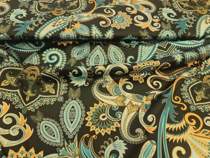 Sateen, black with ornaments of stilized kidney pattern 