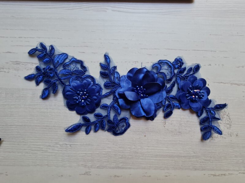 3D embroidered appliqué: with flowers and pearls, cobalt blue