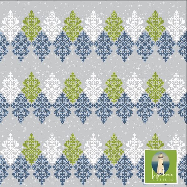 Oyster tree. White, green, blue elements on light grey background. Cotton jersey