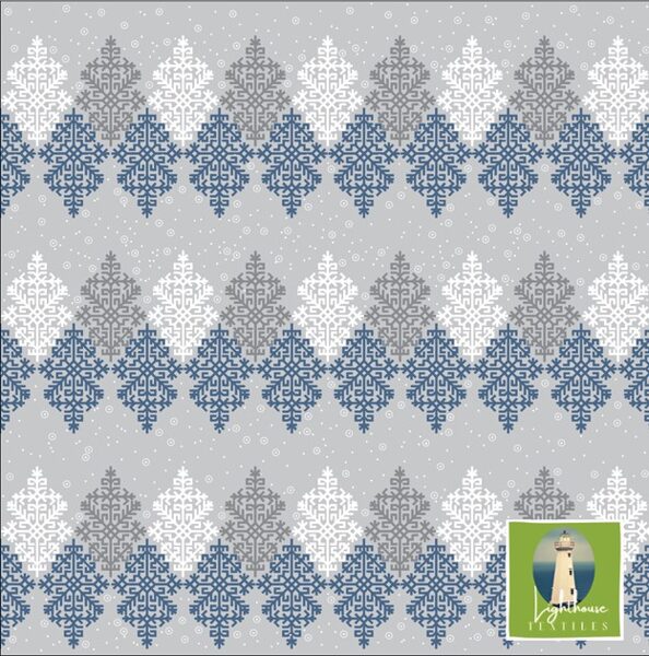 Oyster  tree. White, grey, blue elements on light grey background. Cotton jersey