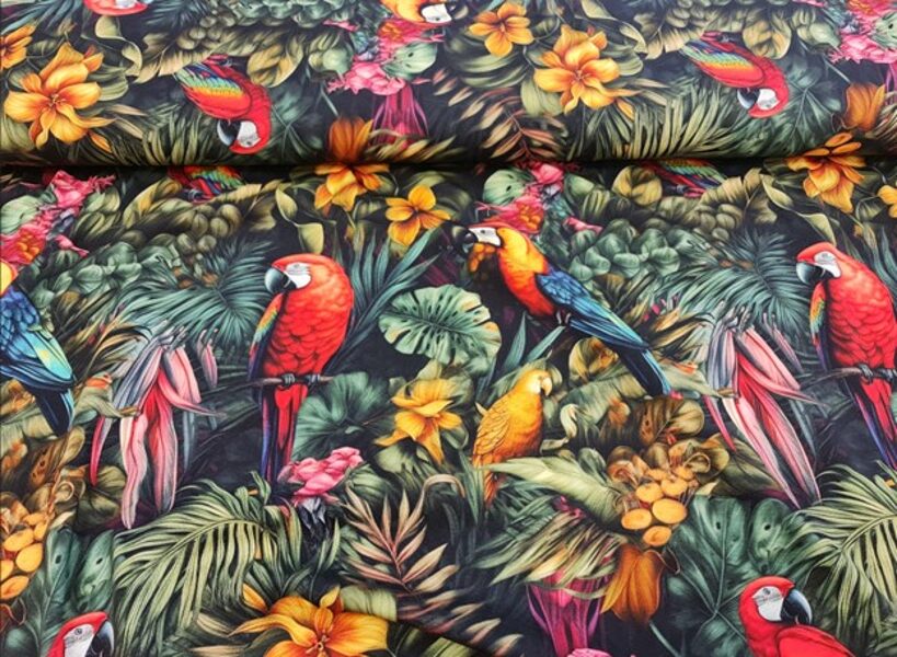 Krāsainie papagaiļi džungļos, kokvilnas trikotāža 
