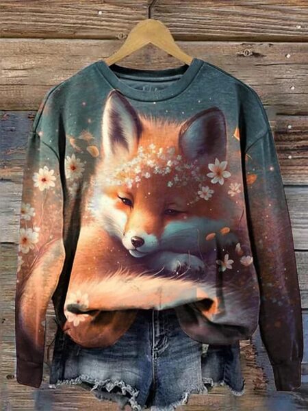 Fox with flowers, panel, cotton french terry 