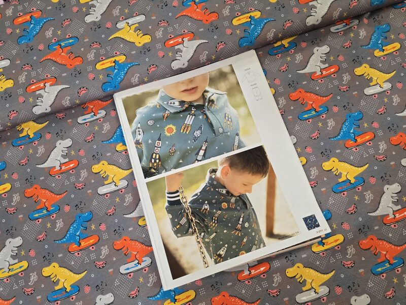 Dinasaurs on skate boards, cotton jersey