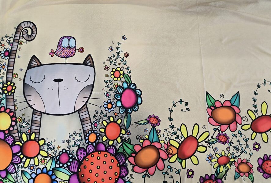 Cat in flowers, panel, cotton jersey 