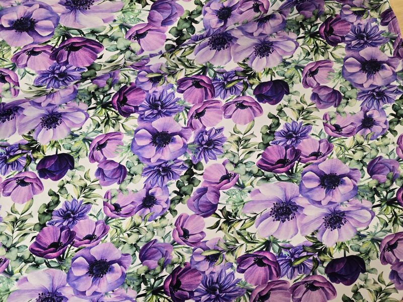 Anemones on a white background, viscose jersey 