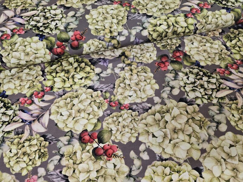 Hydrangeas on the basis of taupes, viscose jersey